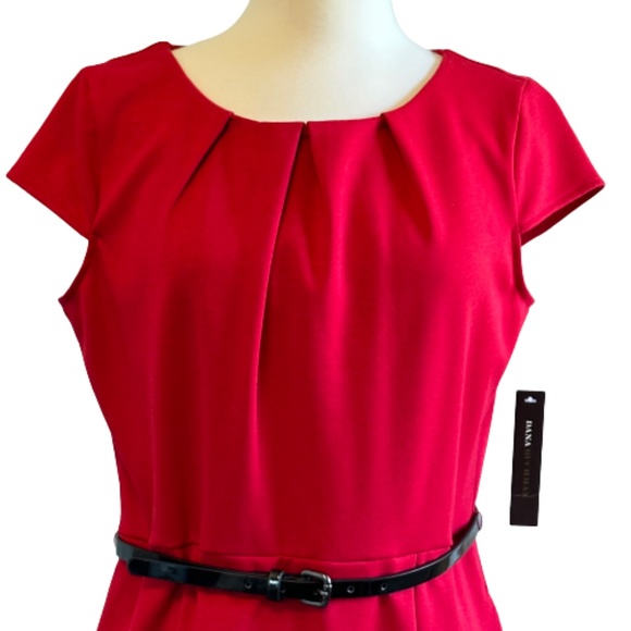 DANA BUCHMAN Dress Sheath Pleated Belted Stretch Cap Sleeves Red Size 10 - Picture 3 of 6
